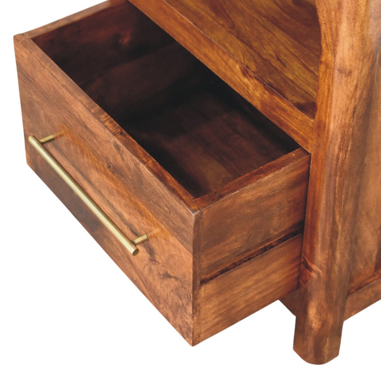 Solid Mango Wood Chestnut Finished 1 Drawer Arc Bedside Table - Image 6