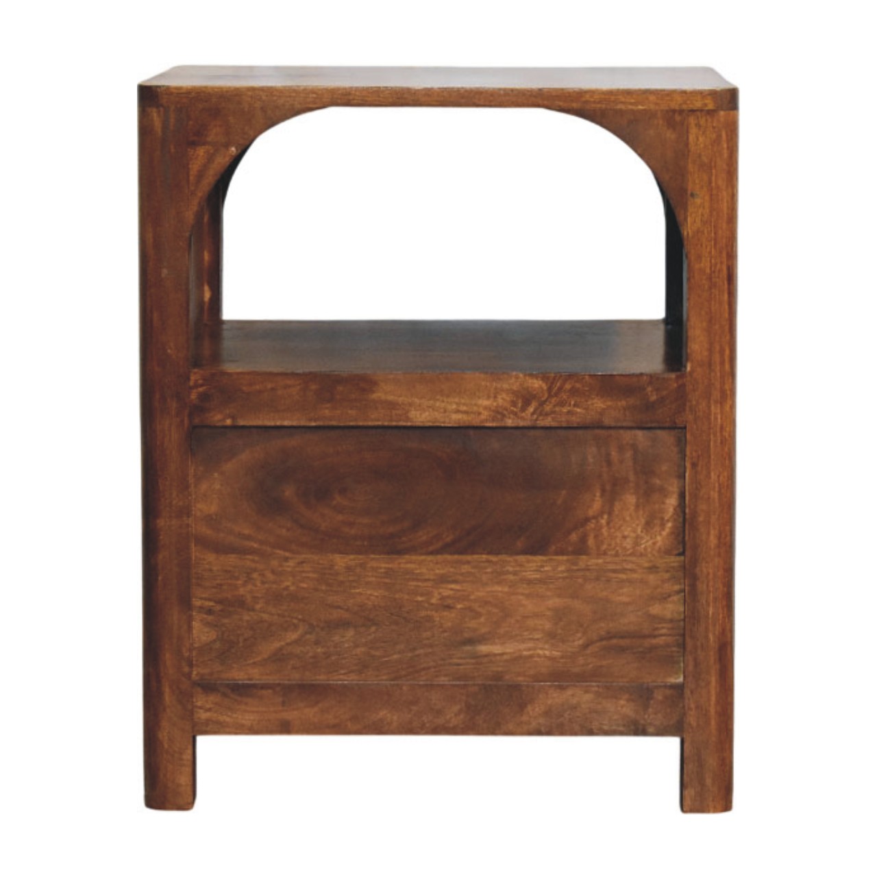 Solid Mango Wood Chestnut Finished 1 Drawer Arc Bedside Table - Image 9