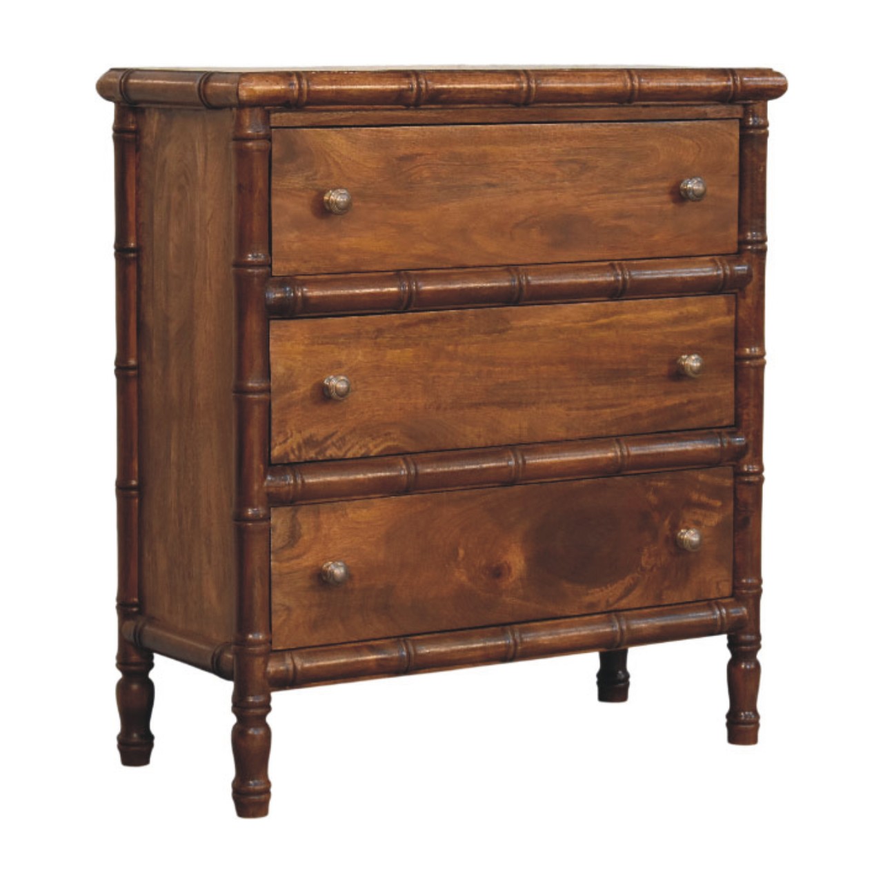 Solid Mango Wood Chestnut Finished 3 Drawer Bamboo Patterned Chest - Image 2