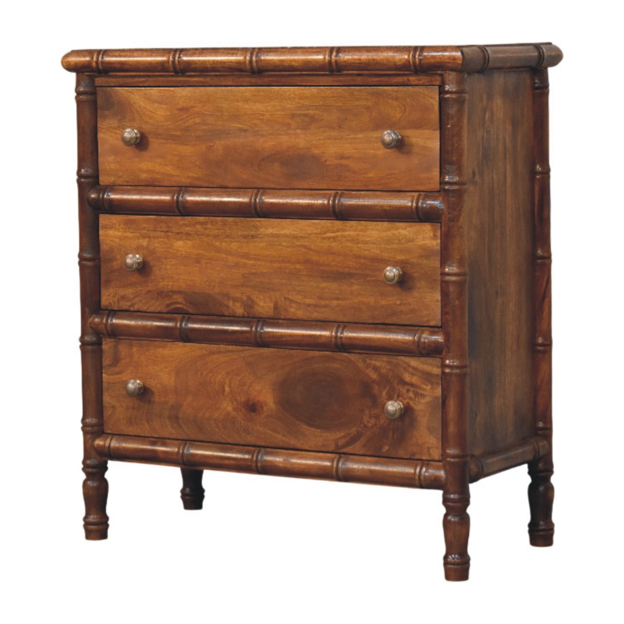 Solid Mango Wood Chestnut Finished 3 Drawer Bamboo Patterned Chest - Image 3