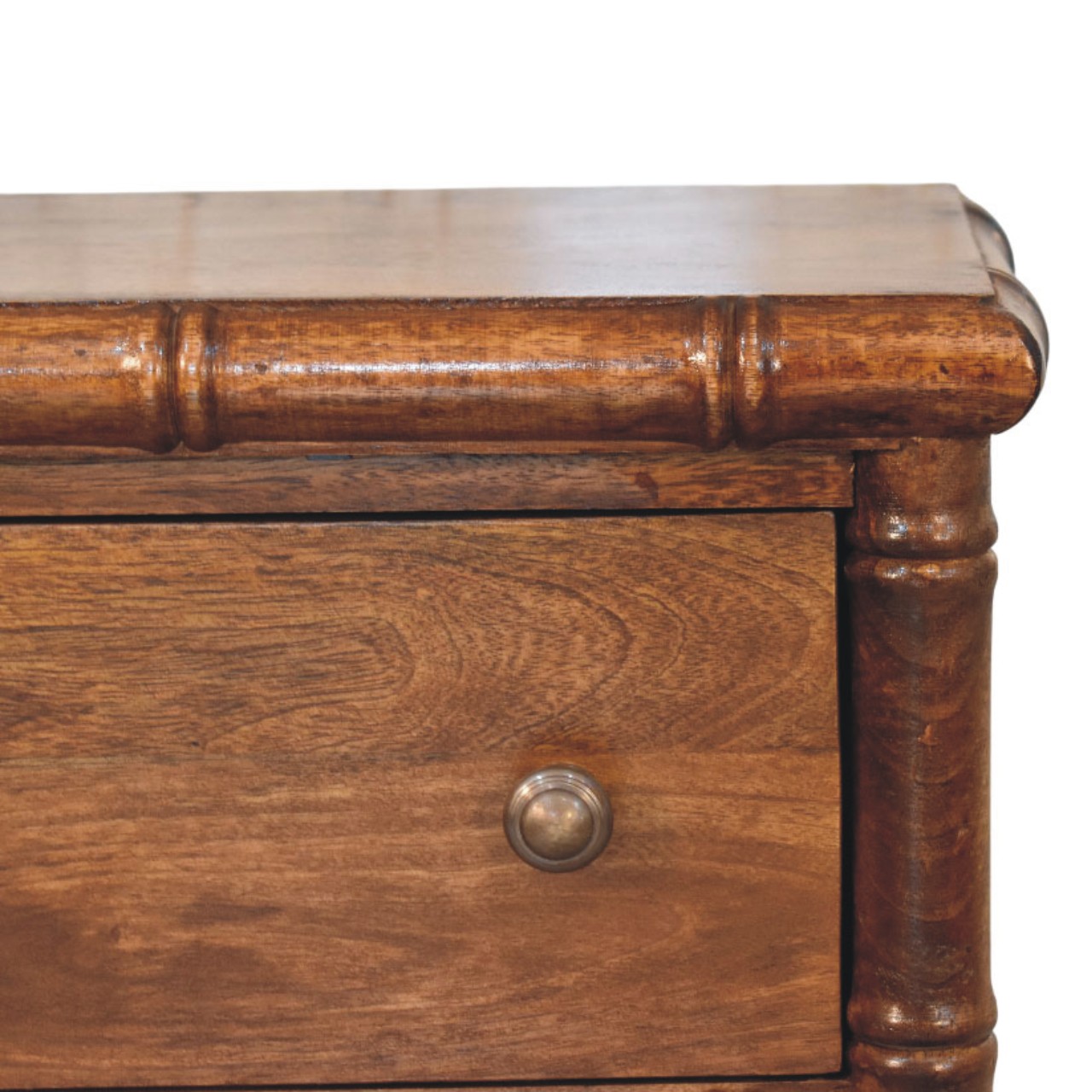 Solid Mango Wood Chestnut Finished 3 Drawer Bamboo Patterned Chest - Image 4
