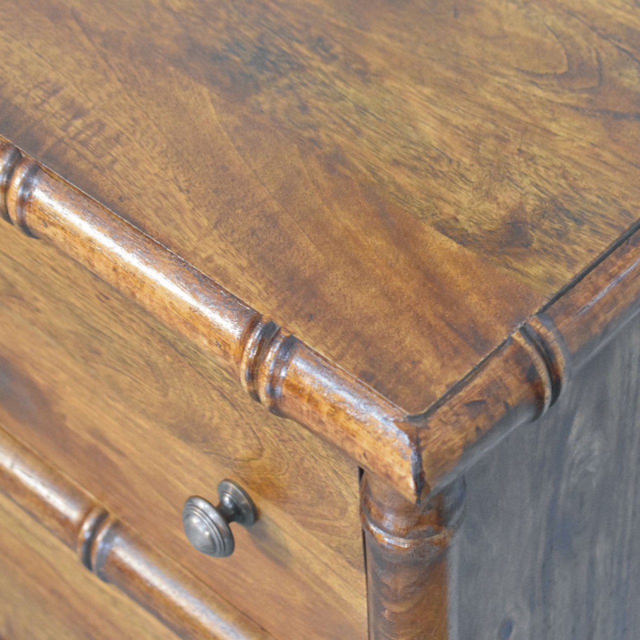 Solid Mango Wood Chestnut Finished 3 Drawer Bamboo Patterned Chest - Image 5