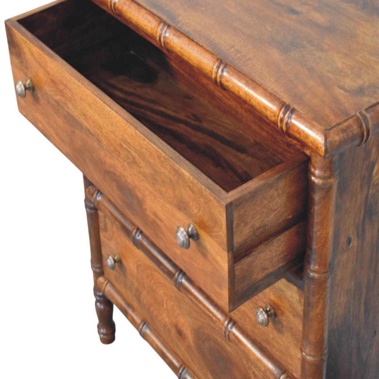 Solid Mango Wood Chestnut Finished 3 Drawer Bamboo Patterned Chest - Image 6