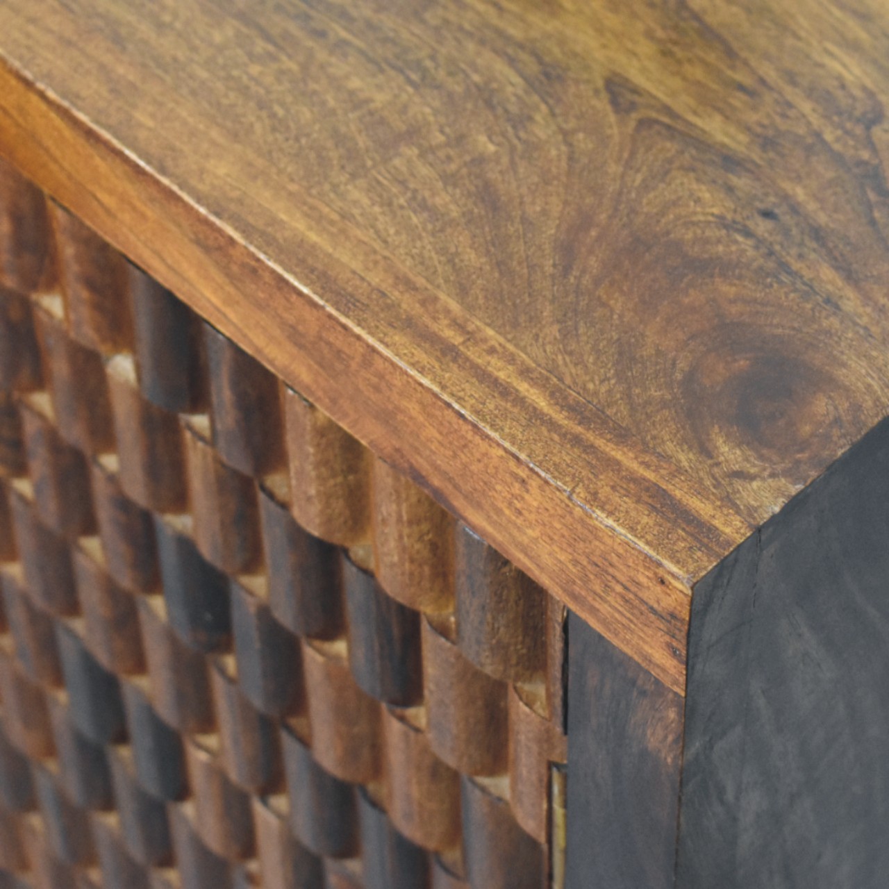 Solid Mango Wood Chestnut Finished 2 Door Cadiz Carved Cabinet - Image 5