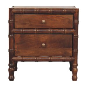 Solid Mango Wood Chestnut Finished Bamboo Pattern 2 Drawer Framed Bedside Table