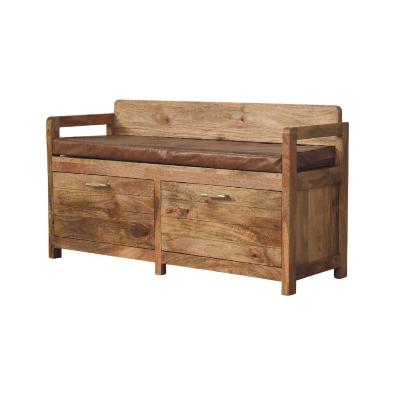 Solid Mango Wood Oak Finish Storage Bench with Brown Leather Seat - Image 3