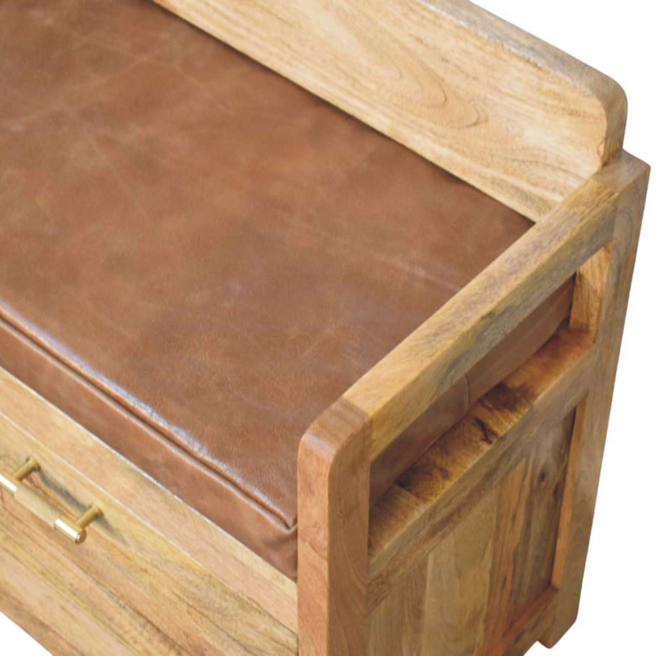 Solid Mango Wood Oak Finish Storage Bench with Brown Leather Seat - Image 5