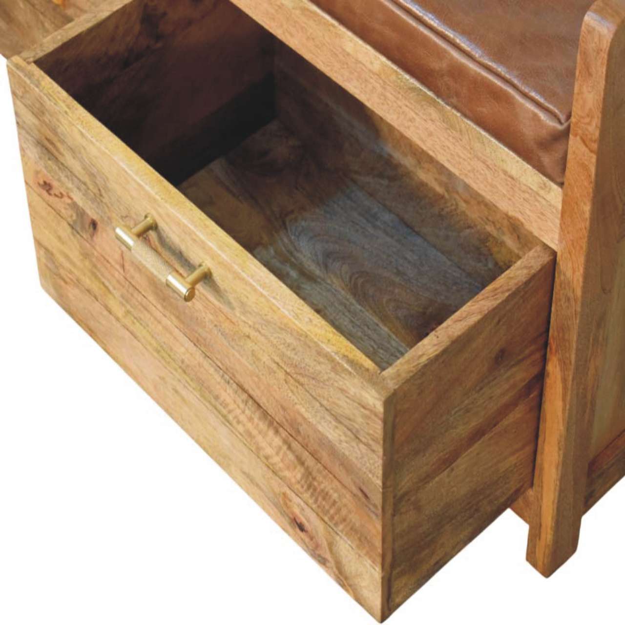 Solid Mango Wood Oak Finish Storage Bench with Brown Leather Seat - Image 7