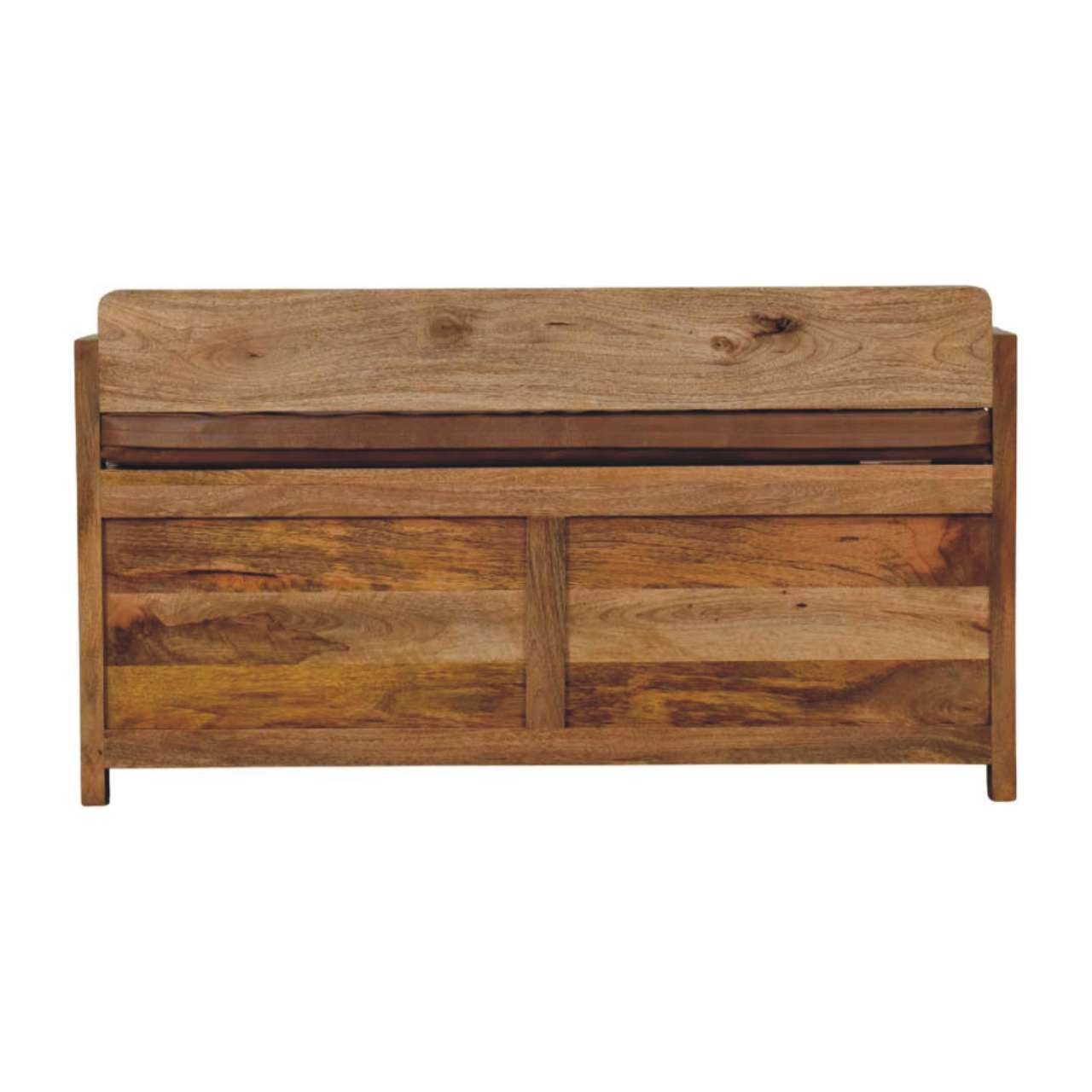 Solid Mango Wood Oak Finish Storage Bench with Brown Leather Seat - Image 9