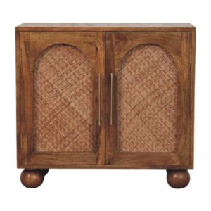 Solid Mango Wood Golden Teak Finished Arched Rattan Two-Door Sideboard