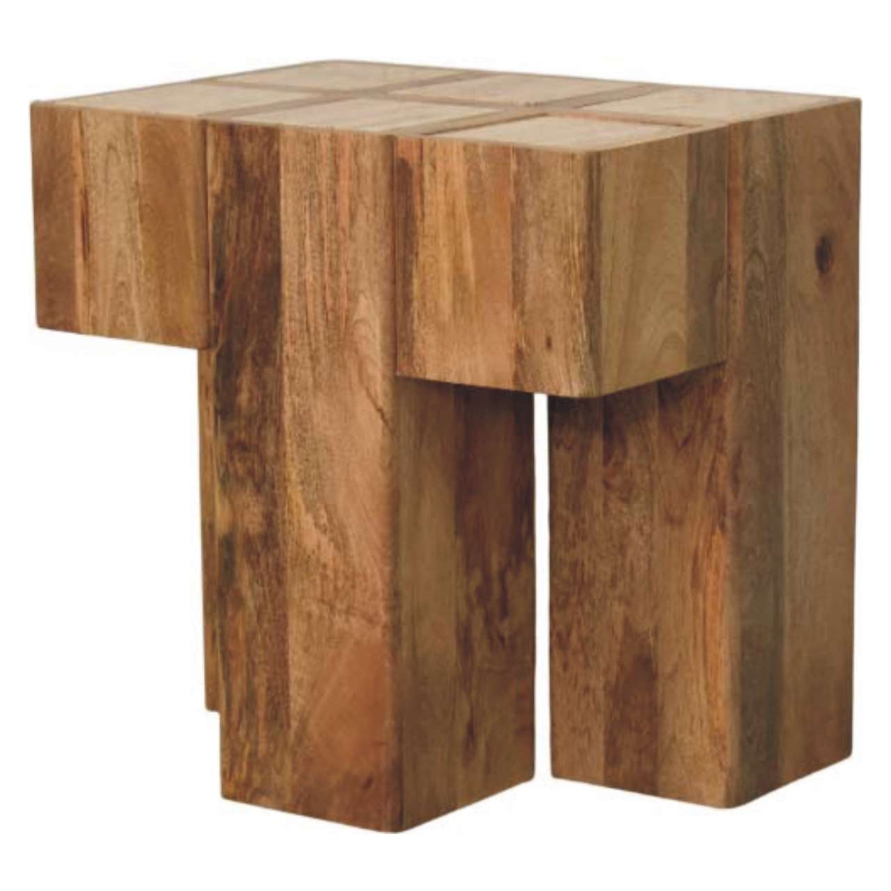 Solid Mango Wood Oak Finished Travertine Top Block Side Table - Image 2