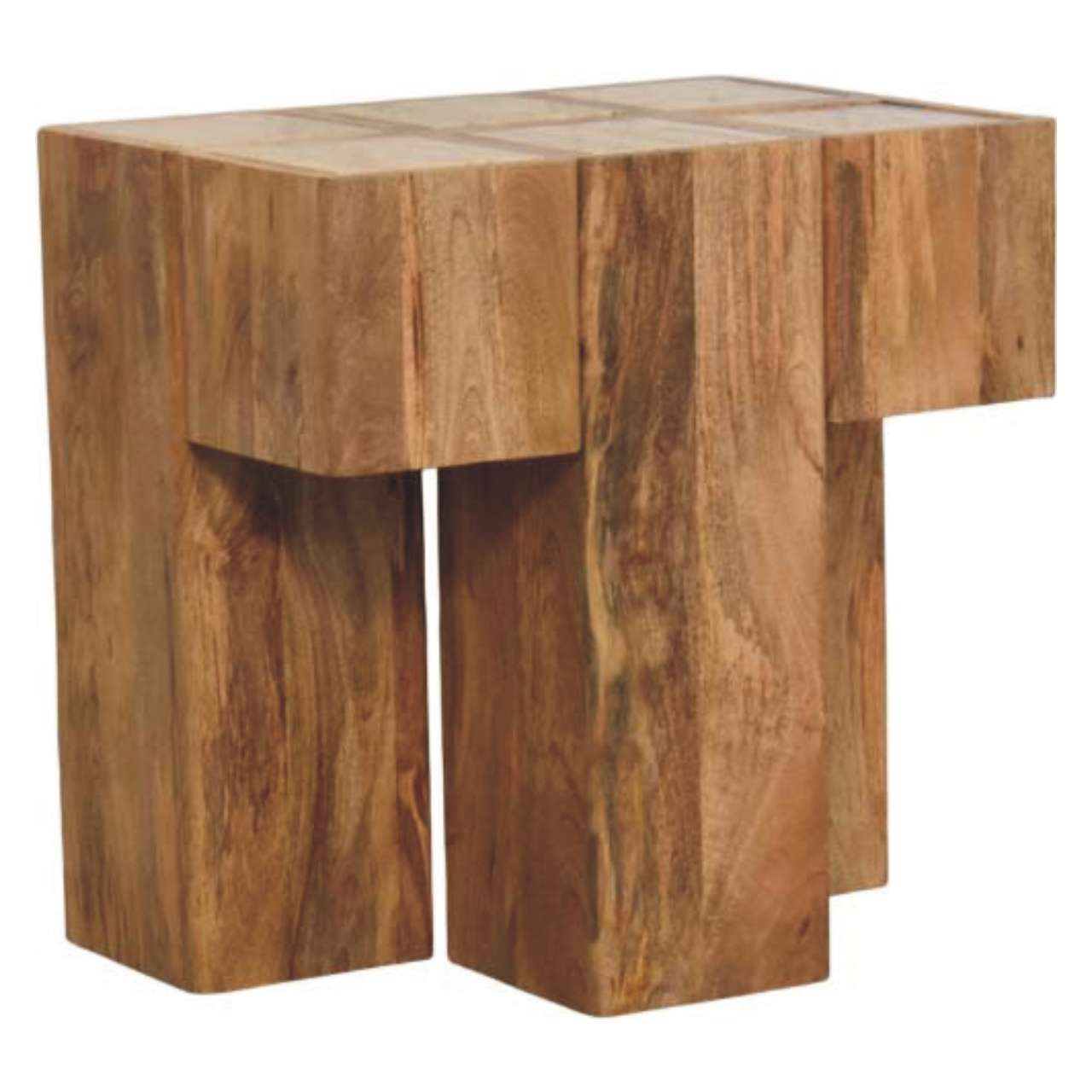 Solid Mango Wood Oak Finished Travertine Top Block Side Table - Image 3