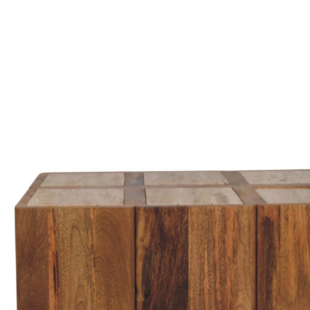 Solid Mango Wood Oak Finished Travertine Top Block Side Table - Image 4