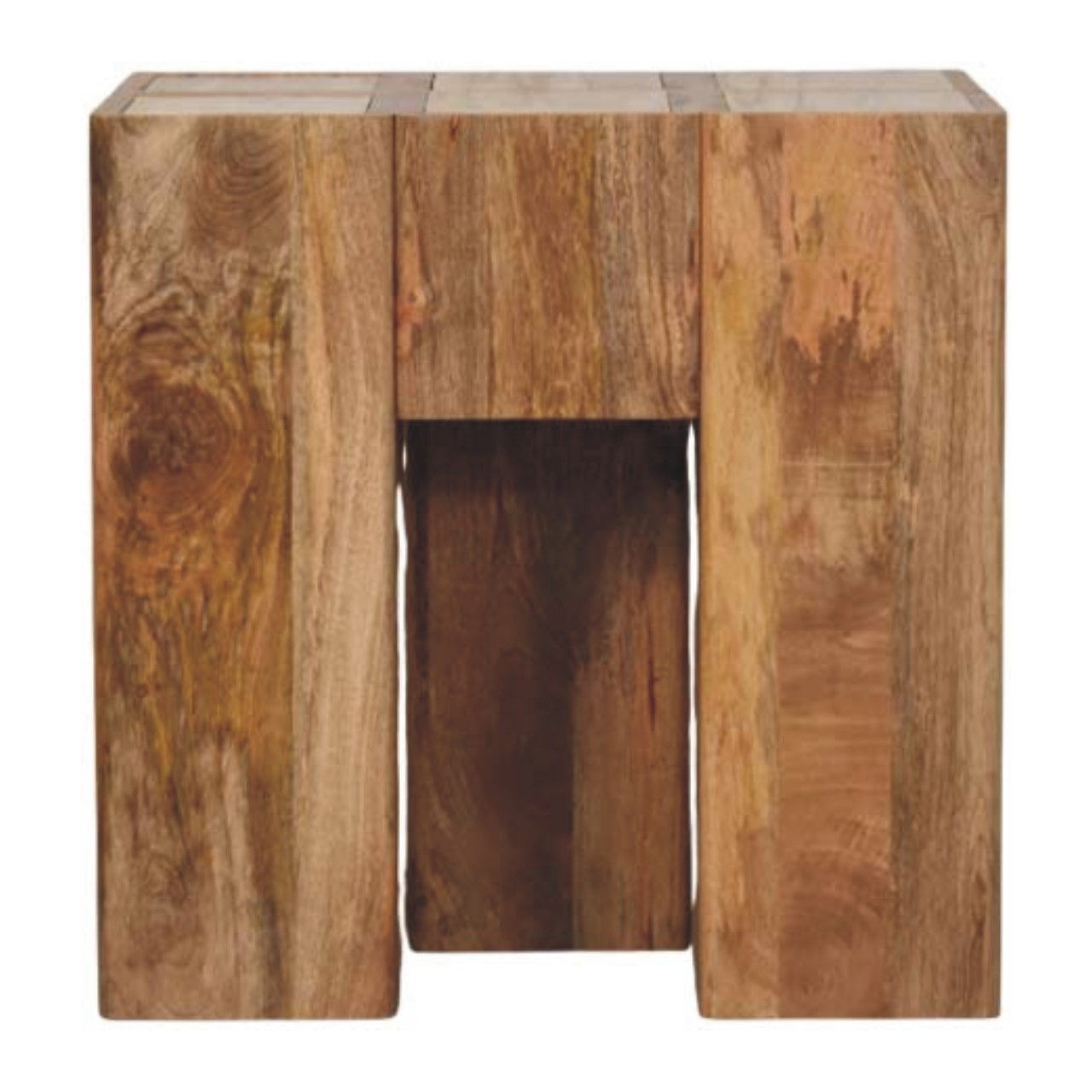 Solid Mango Wood Oak Finished Travertine Top Block Side Table - Image 7