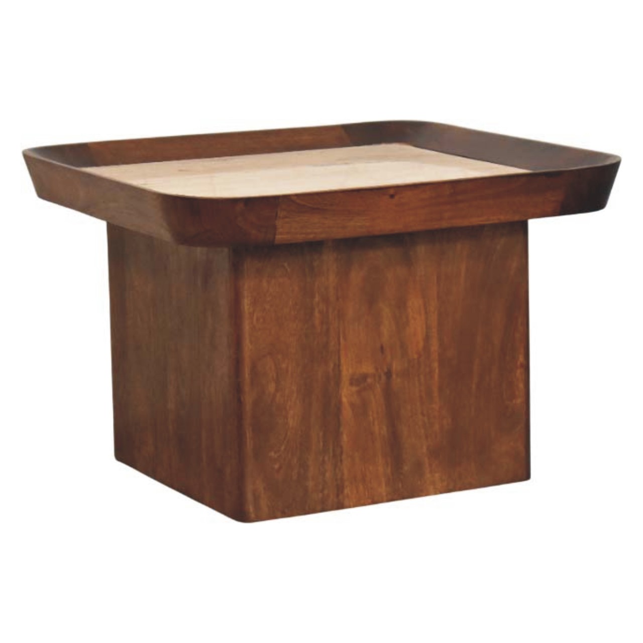 Solid Mango Wood Chestnut Finished Travertine Top Tray Coffee Table - Image 3