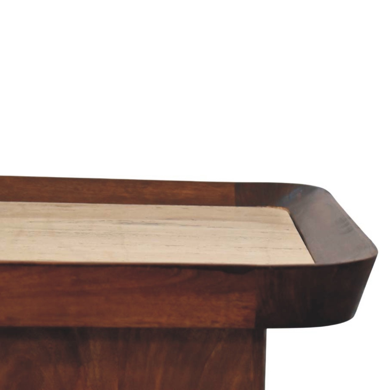 Solid Mango Wood Chestnut Finished Travertine Top Tray Coffee Table - Image 4