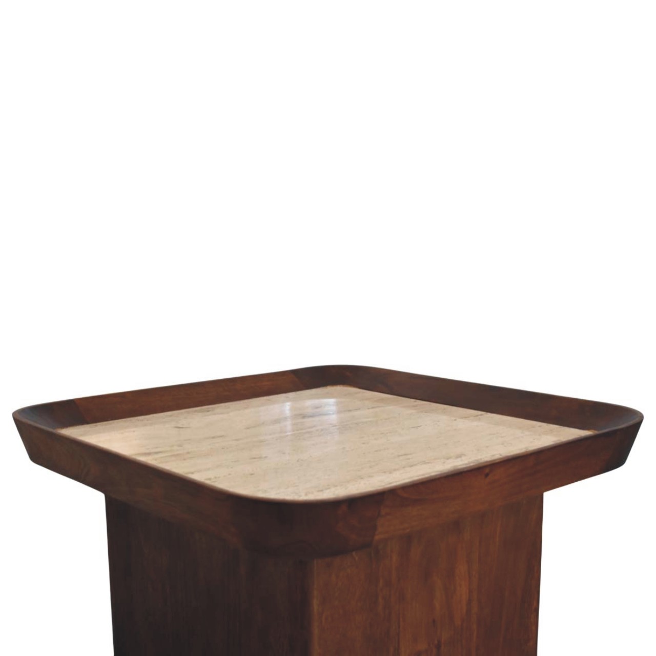 Solid Mango Wood Chestnut Finished Travertine Top Tray Coffee Table - Image 5