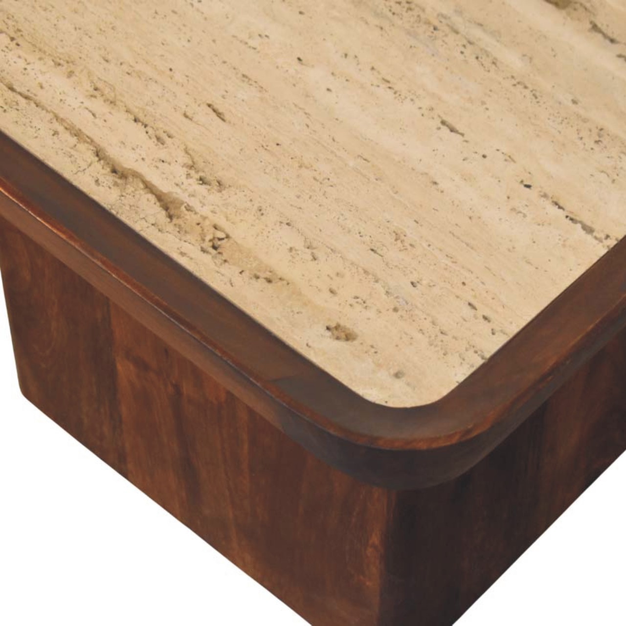 Solid Mango Wood Chestnut Finished Travertine Top Tray Coffee Table - Image 6