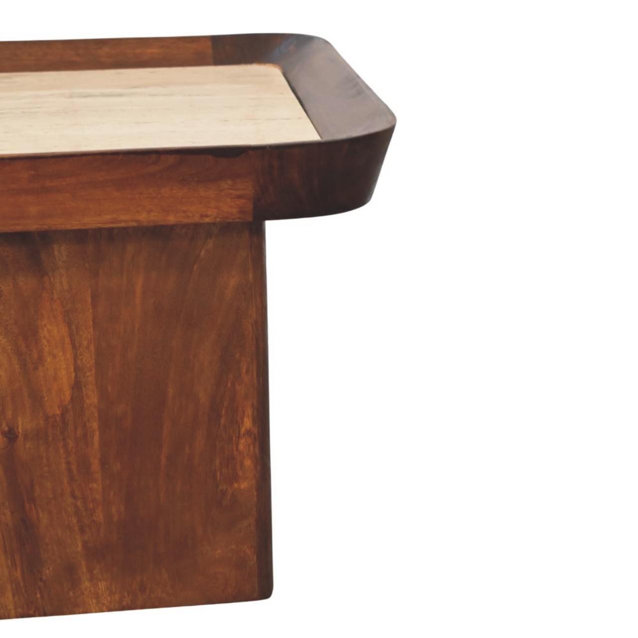 Solid Mango Wood Chestnut Finished Travertine Top Tray Coffee Table - Image 7