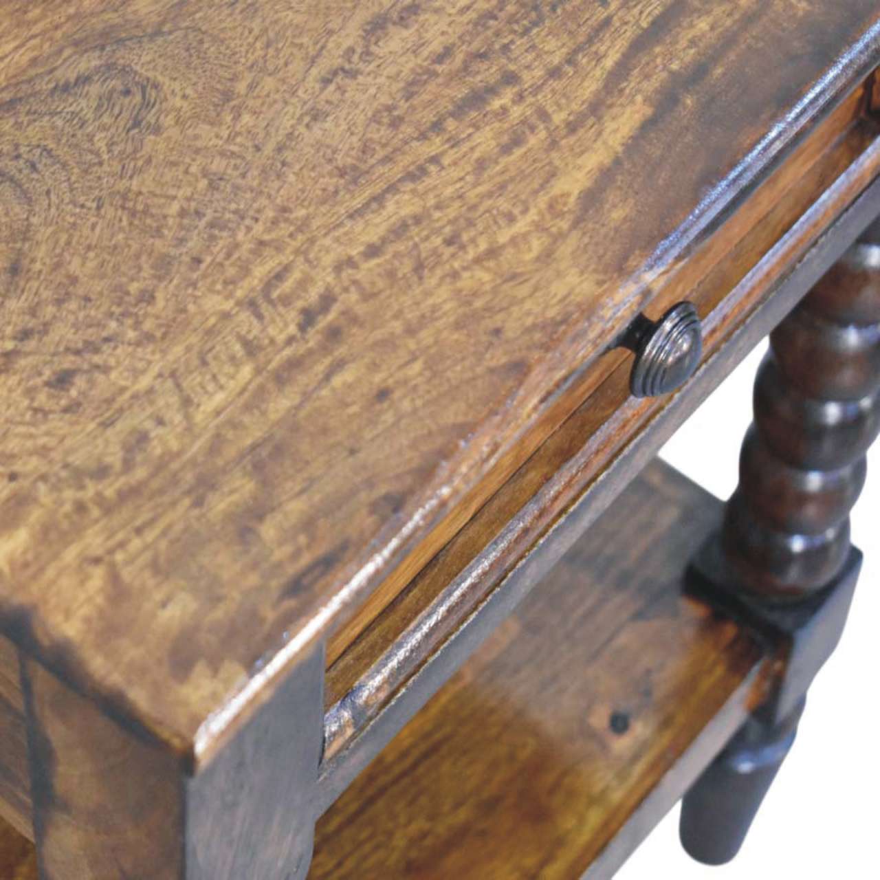 Solid Mango Wood Chestnut Finished Spindle One Drawer Side Table - Image 5