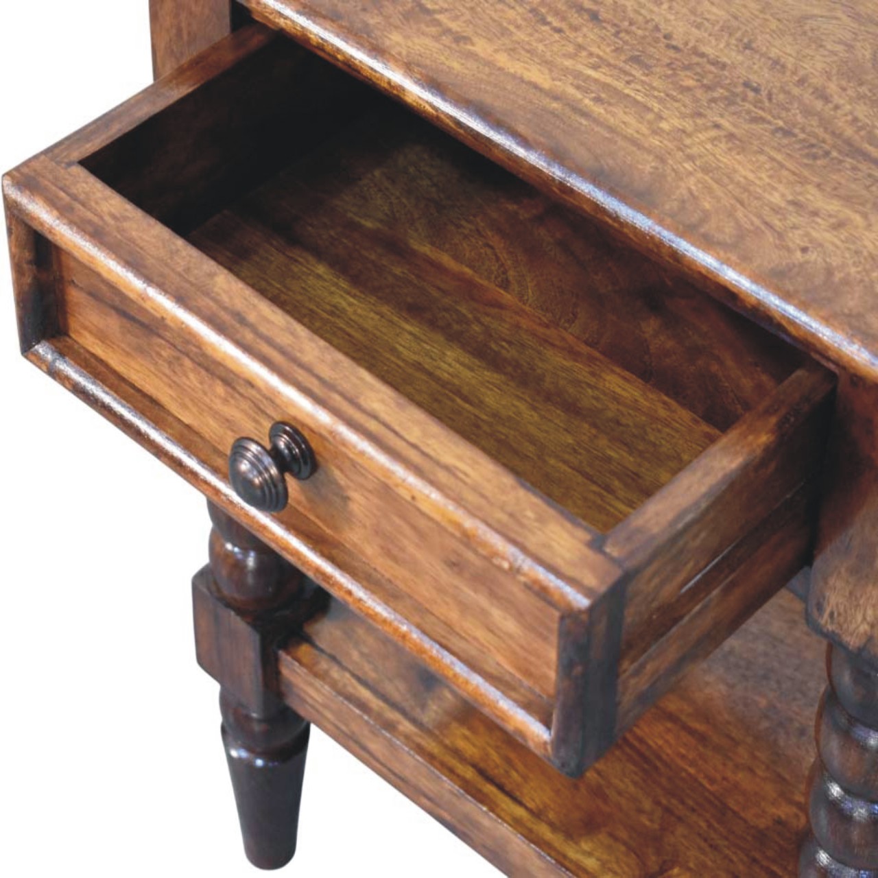 Solid Mango Wood Chestnut Finished Spindle One Drawer Side Table - Image 6