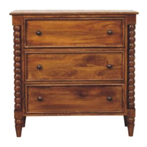 Solid Mango Wood Chestnut Finished Spindle Three Drawer Chest