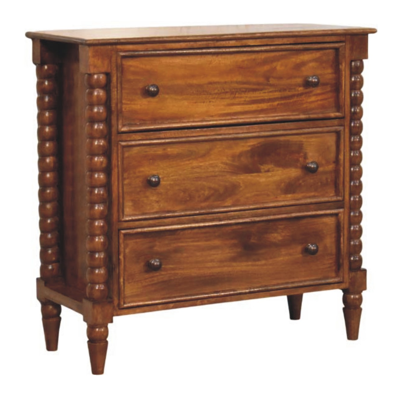 Solid Mango Wood Chestnut Finished Spindle Three Drawer Chest - Image 2