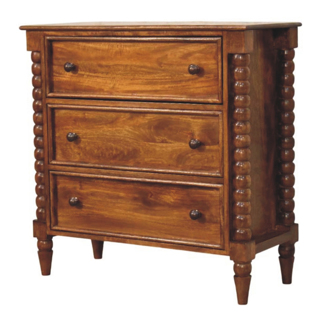 Solid Mango Wood Chestnut Finished Spindle Three Drawer Chest - Image 3