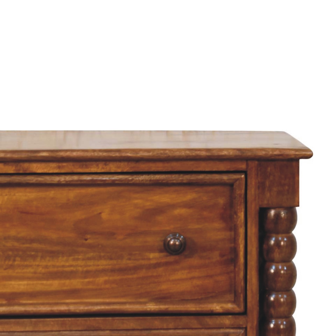 Solid Mango Wood Chestnut Finished Spindle Three Drawer Chest - Image 4