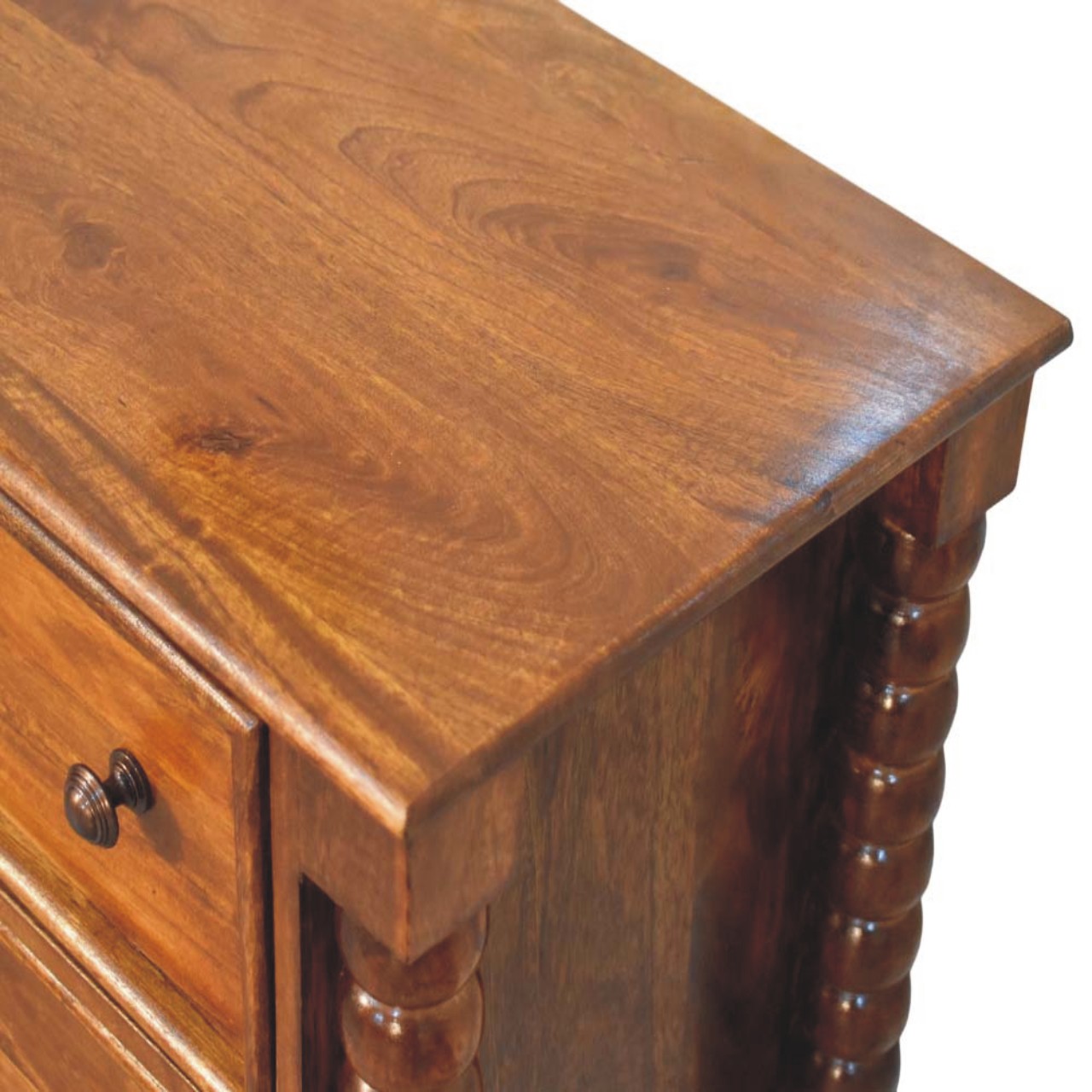 Solid Mango Wood Chestnut Finished Spindle Three Drawer Chest - Image 5