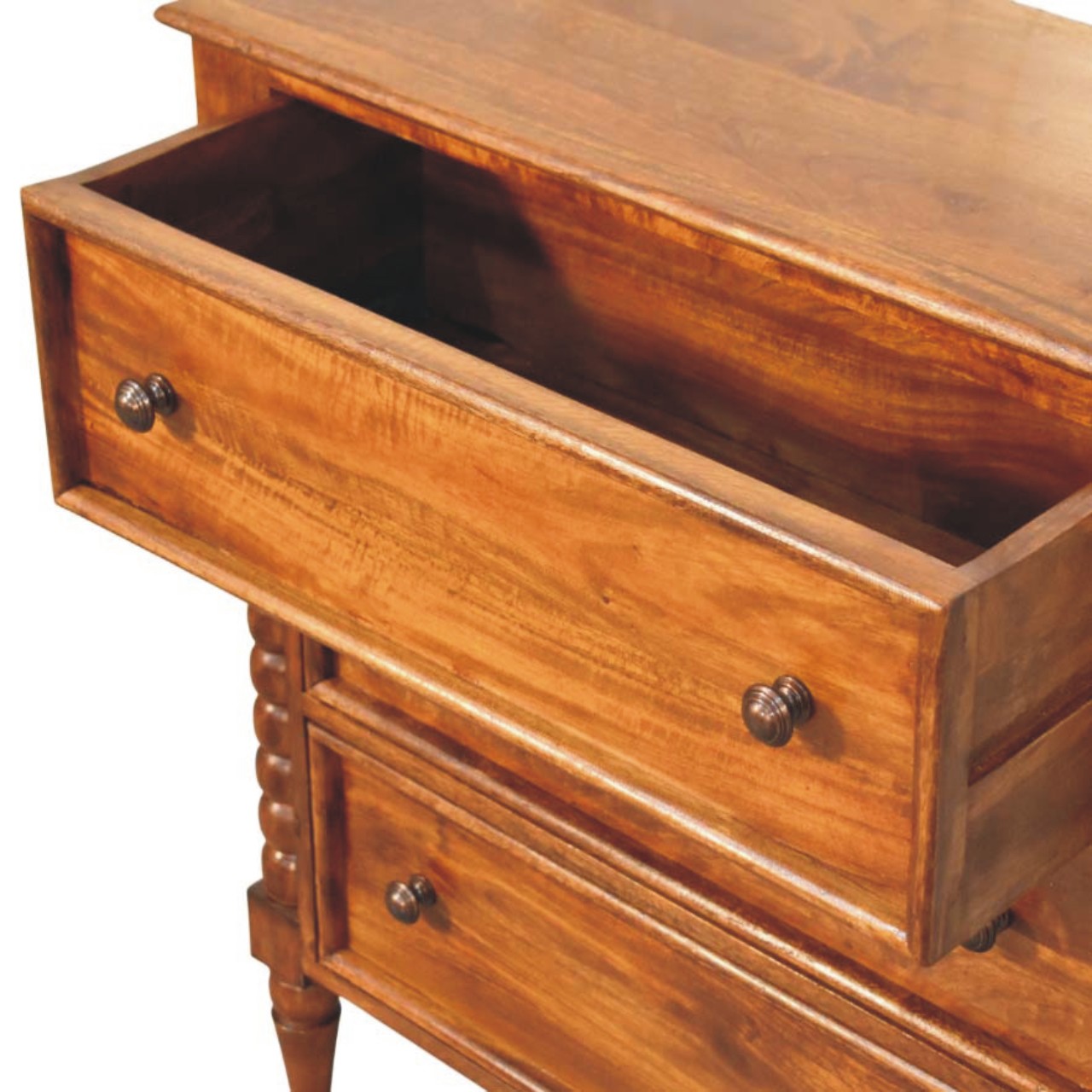 Solid Mango Wood Chestnut Finished Spindle Three Drawer Chest - Image 6