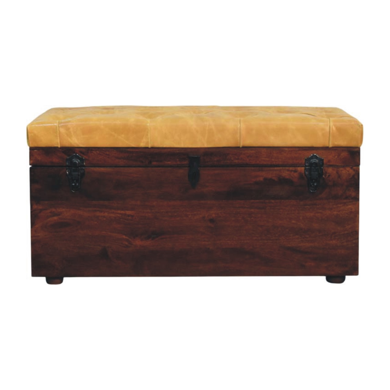 Solid Mango Wood Chestnut Finished Tan Leather Storage Trunk Bench