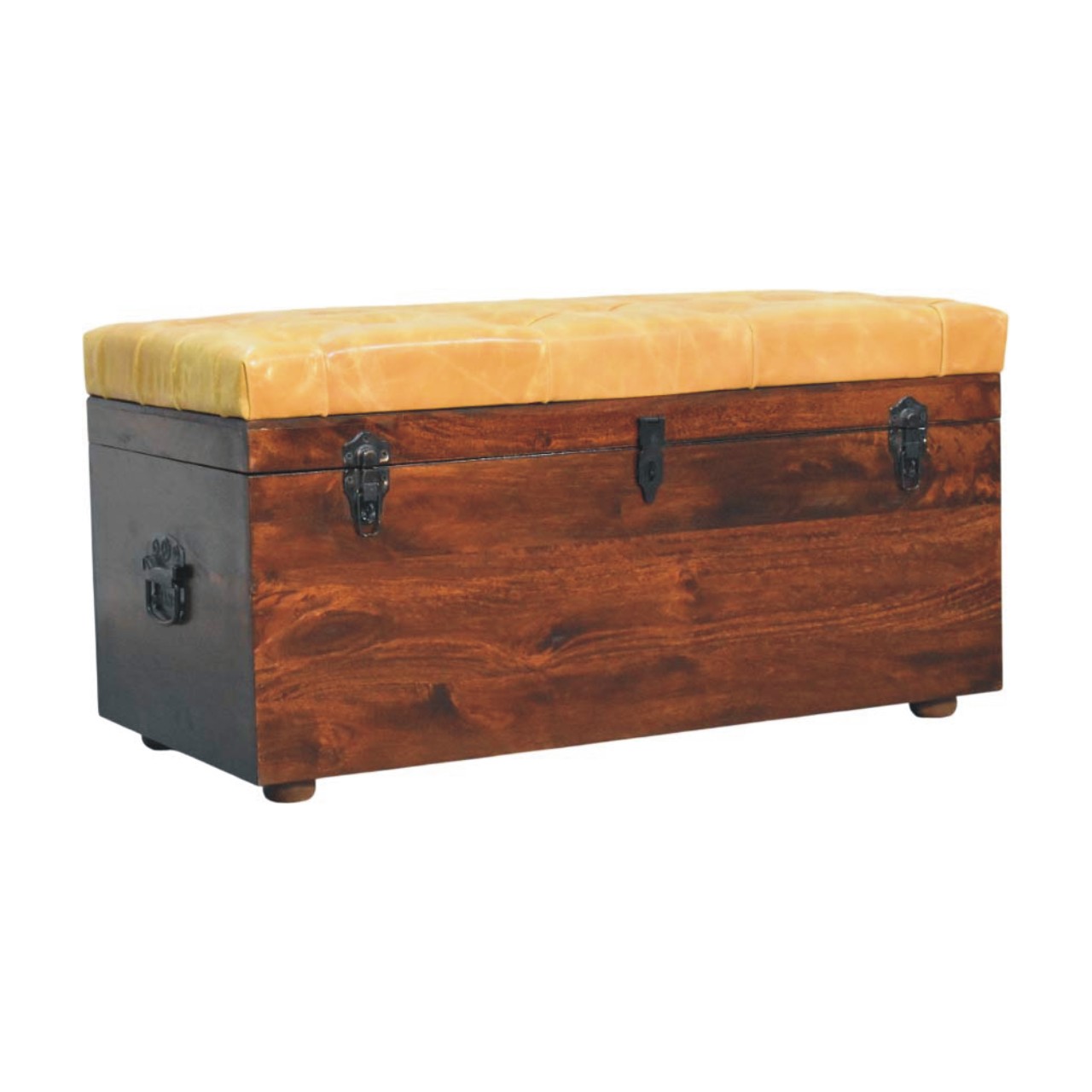 Solid Mango Wood Chestnut Finished Tan Leather Storage Trunk Bench - Image 2