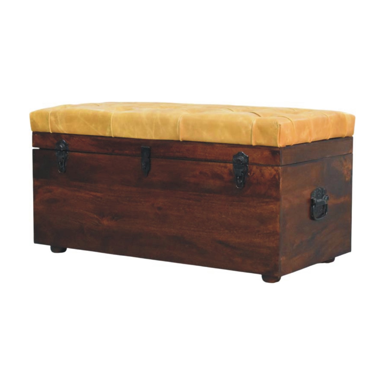 Solid Mango Wood Chestnut Finished Tan Leather Storage Trunk Bench - Image 3