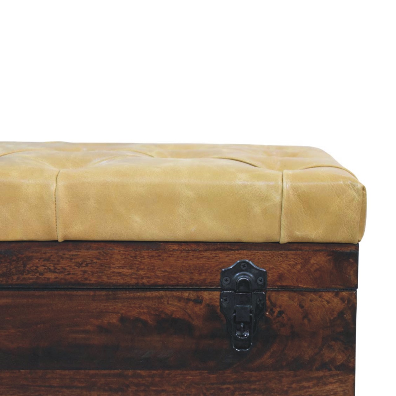 Solid Mango Wood Chestnut Finished Tan Leather Storage Trunk Bench - Image 4
