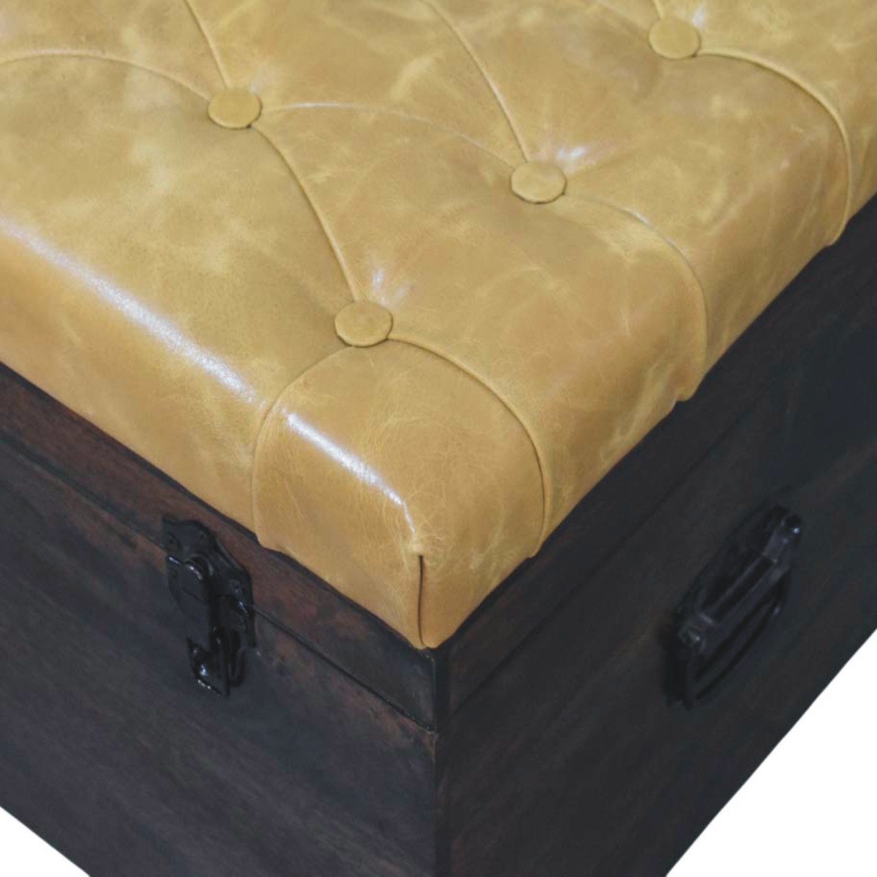 Solid Mango Wood Chestnut Finished Tan Leather Storage Trunk Bench - Image 5