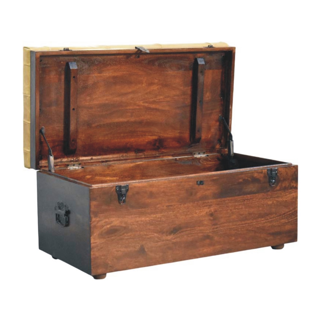 Solid Mango Wood Chestnut Finished Tan Leather Storage Trunk Bench - Image 6