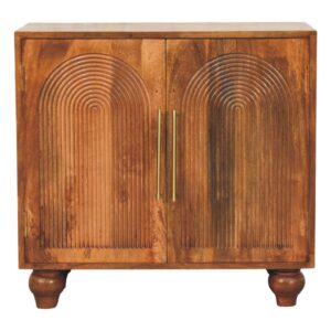 Solid Mango Wood Golden Teak Finish 2 Door Arco Groove Cabinet