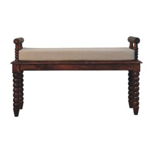 Solid Mango Wood Chestnut Finished Spindle Cushioned Entrance Hall Bench