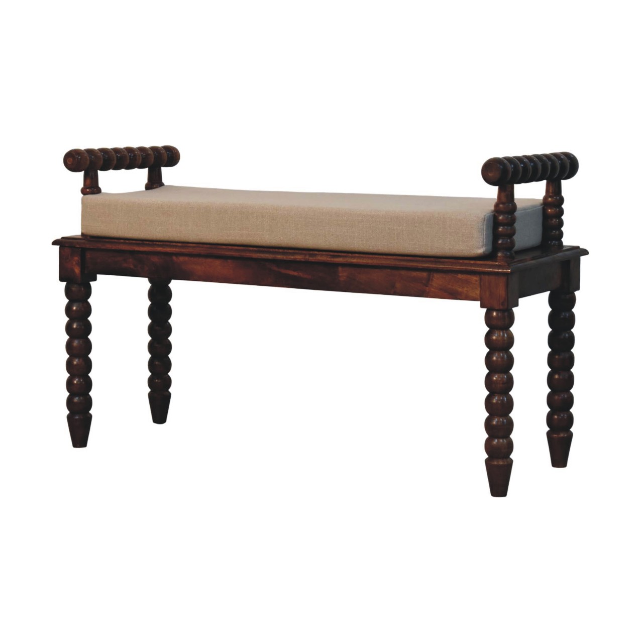 Solid Mango Wood Chestnut Finished Spindle Cushioned Entrance Hall Bench - Image 2