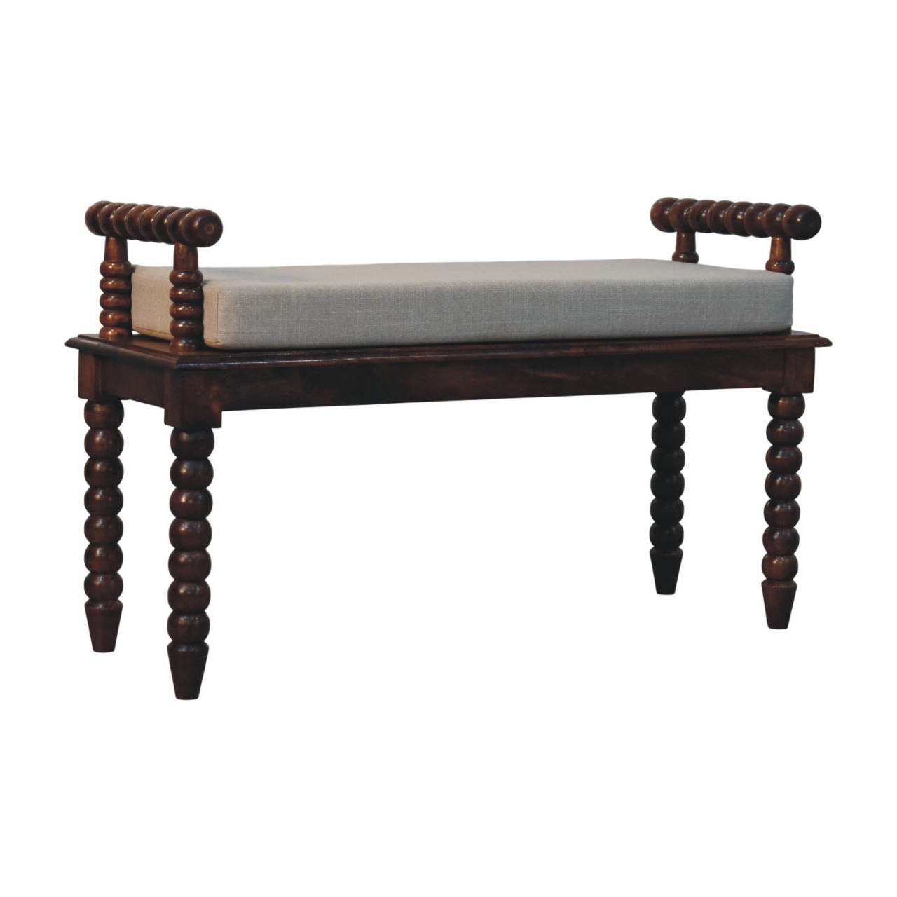 Solid Mango Wood Chestnut Finished Spindle Cushioned Entrance Hall Bench - Image 3