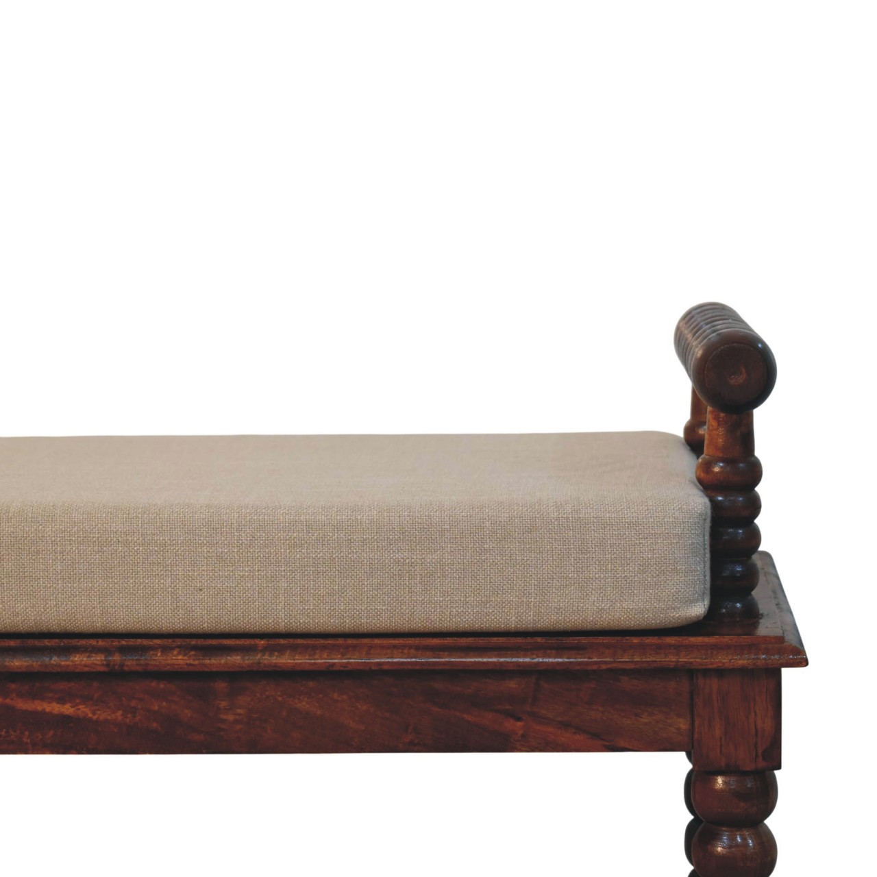 Solid Mango Wood Chestnut Finished Spindle Cushioned Entrance Hall Bench - Image 4