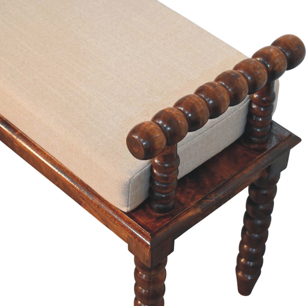 Solid Mango Wood Chestnut Finished Spindle Cushioned Entrance Hall Bench - Image 5