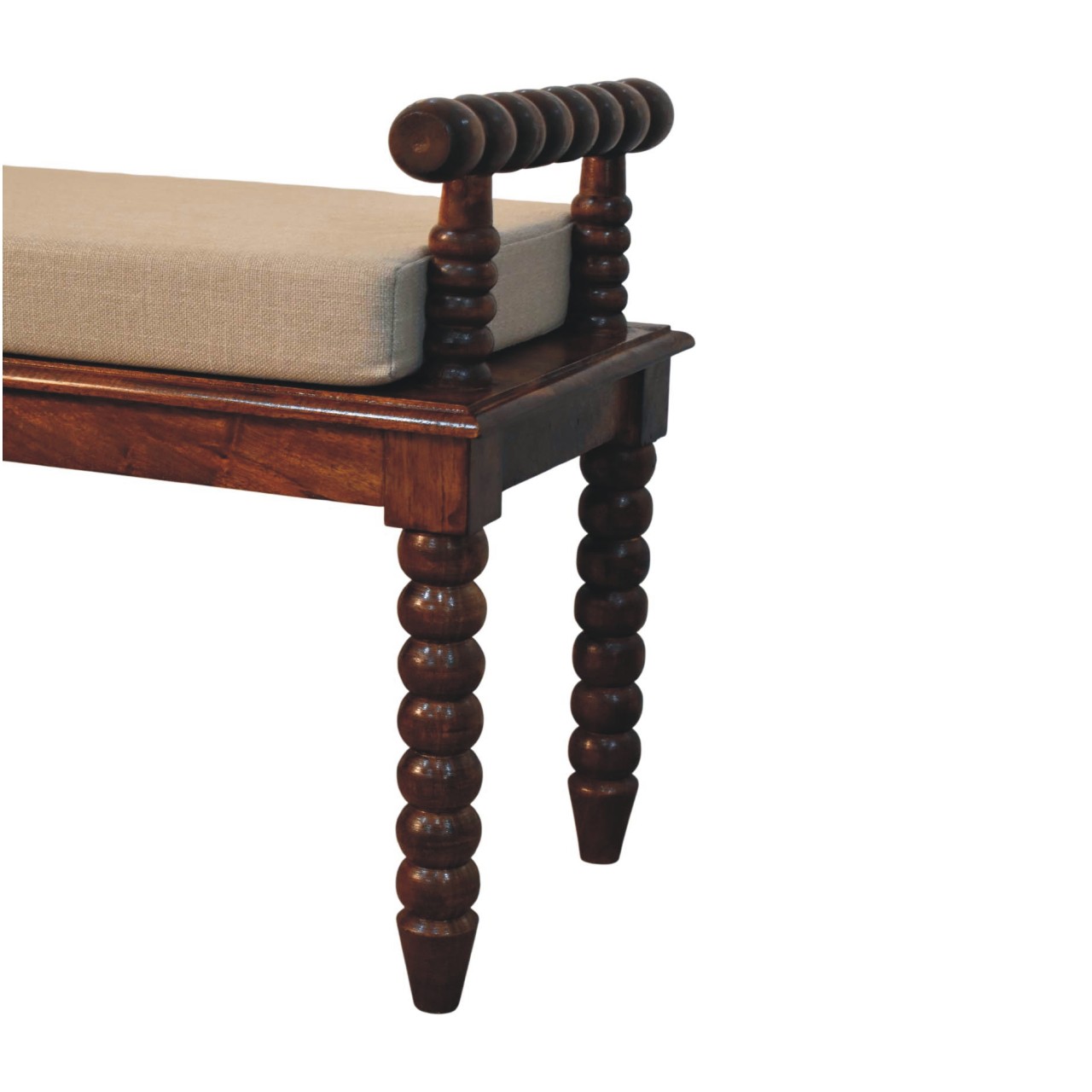 Solid Mango Wood Chestnut Finished Spindle Cushioned Entrance Hall Bench - Image 6