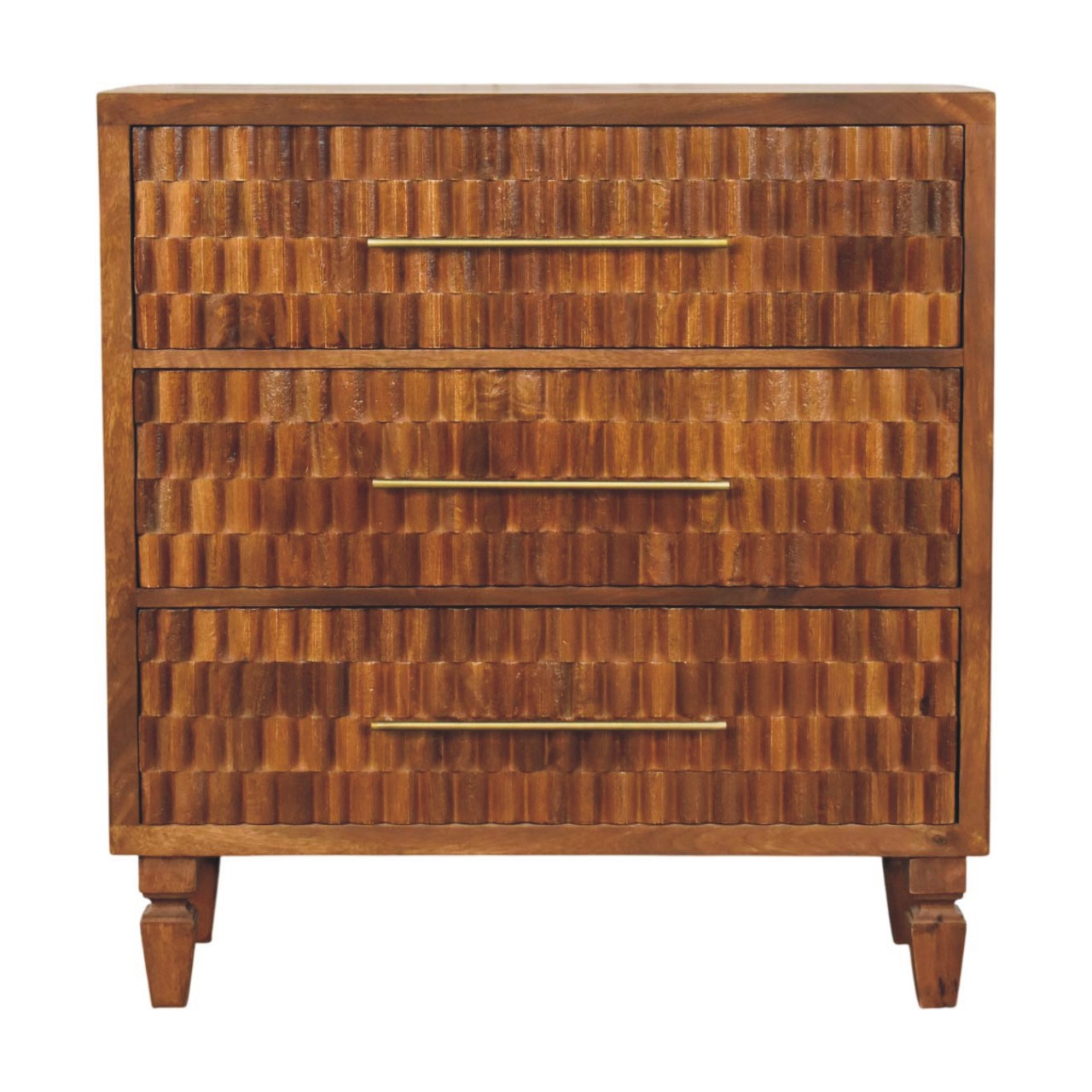 Solid Mango Wood Chestnut Finished 3 Drawer Cadiz Carved Chest