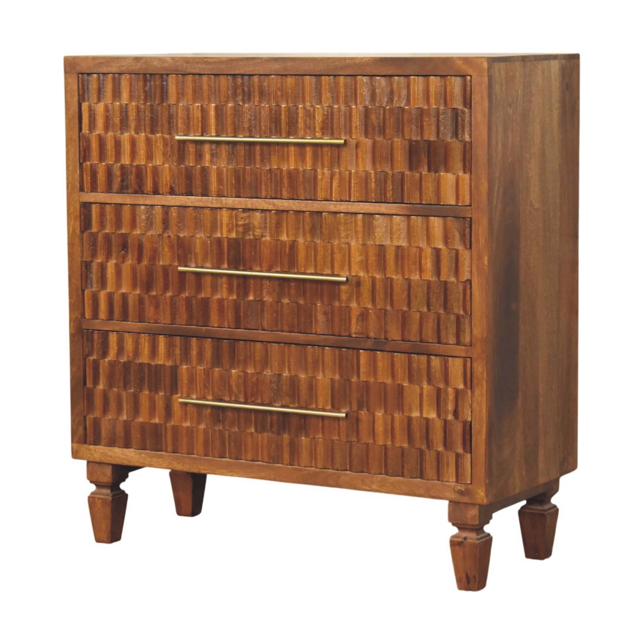 Solid Mango Wood Chestnut Finished 3 Drawer Cadiz Carved Chest - Image 2