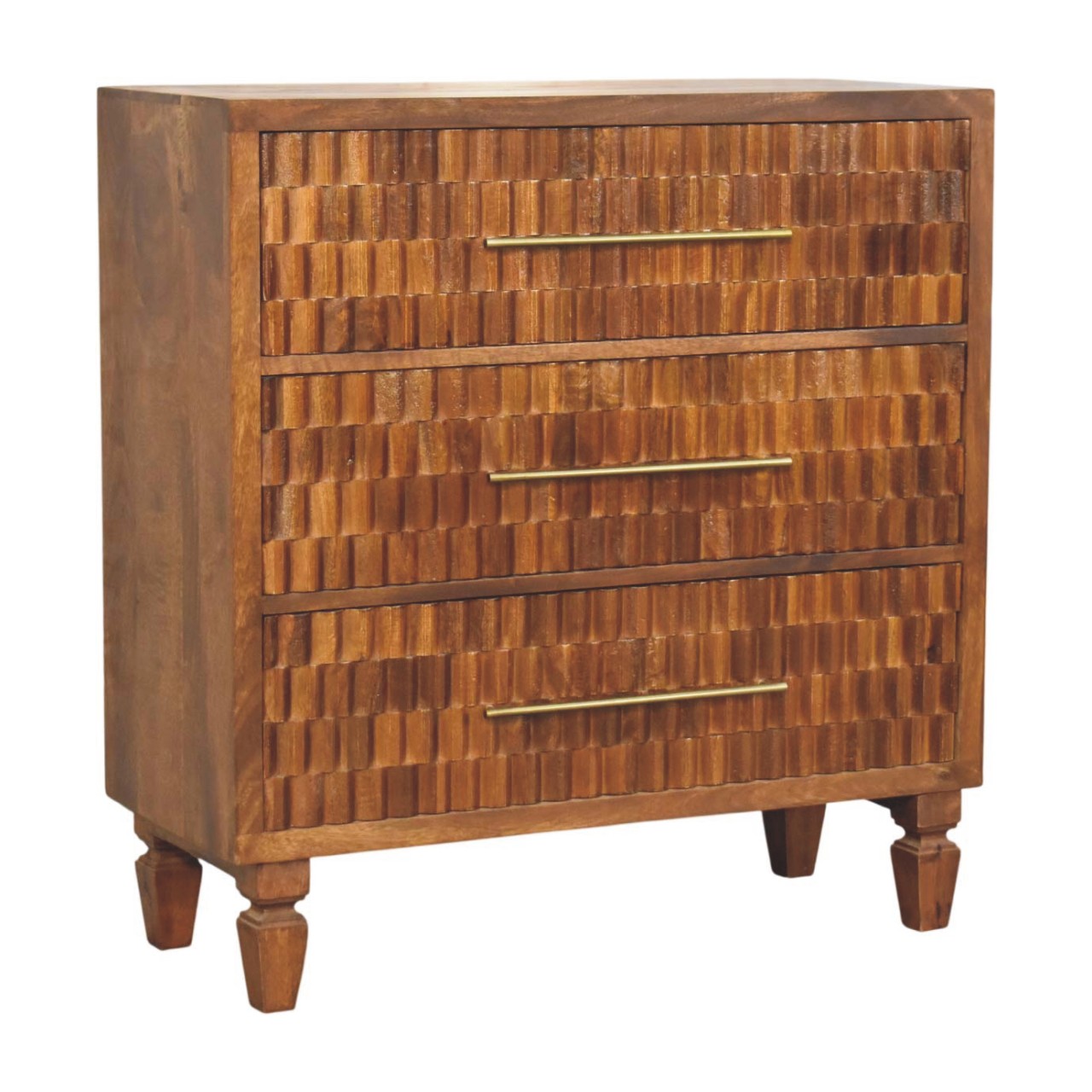 Solid Mango Wood Chestnut Finished 3 Drawer Cadiz Carved Chest - Image 3
