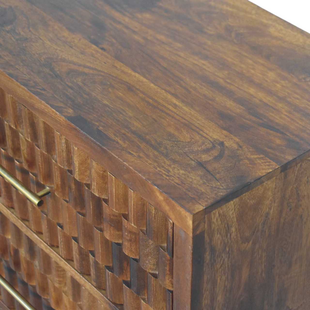 Solid Mango Wood Chestnut Finished 3 Drawer Cadiz Carved Chest - Image 5