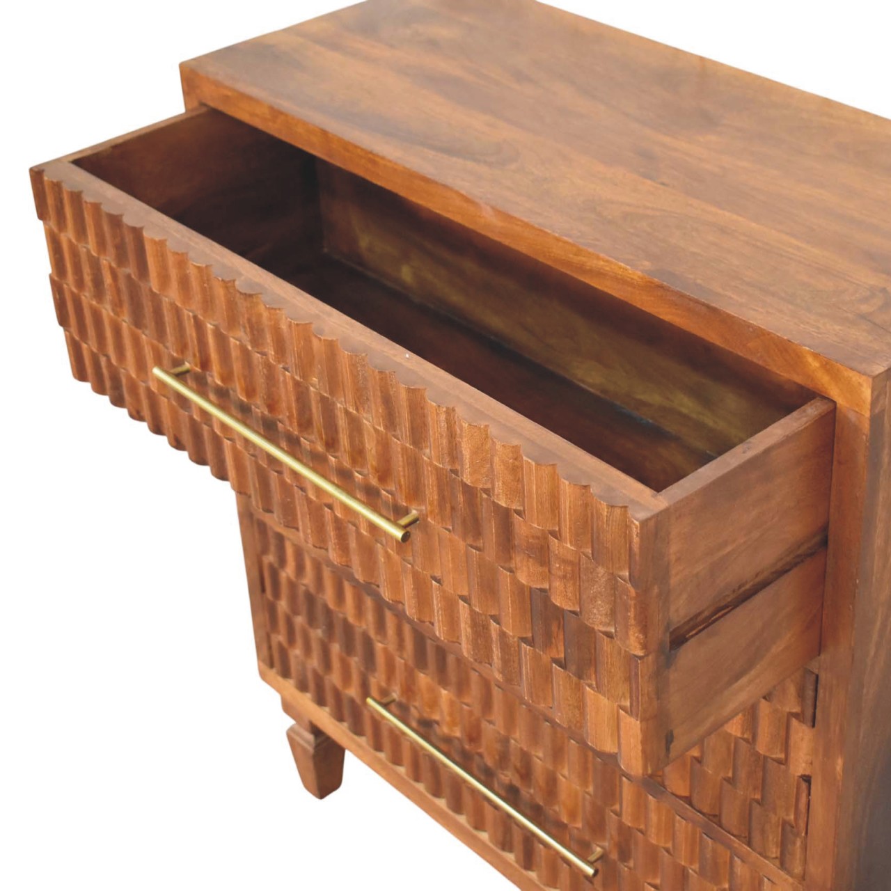 Solid Mango Wood Chestnut Finished 3 Drawer Cadiz Carved Chest - Image 6