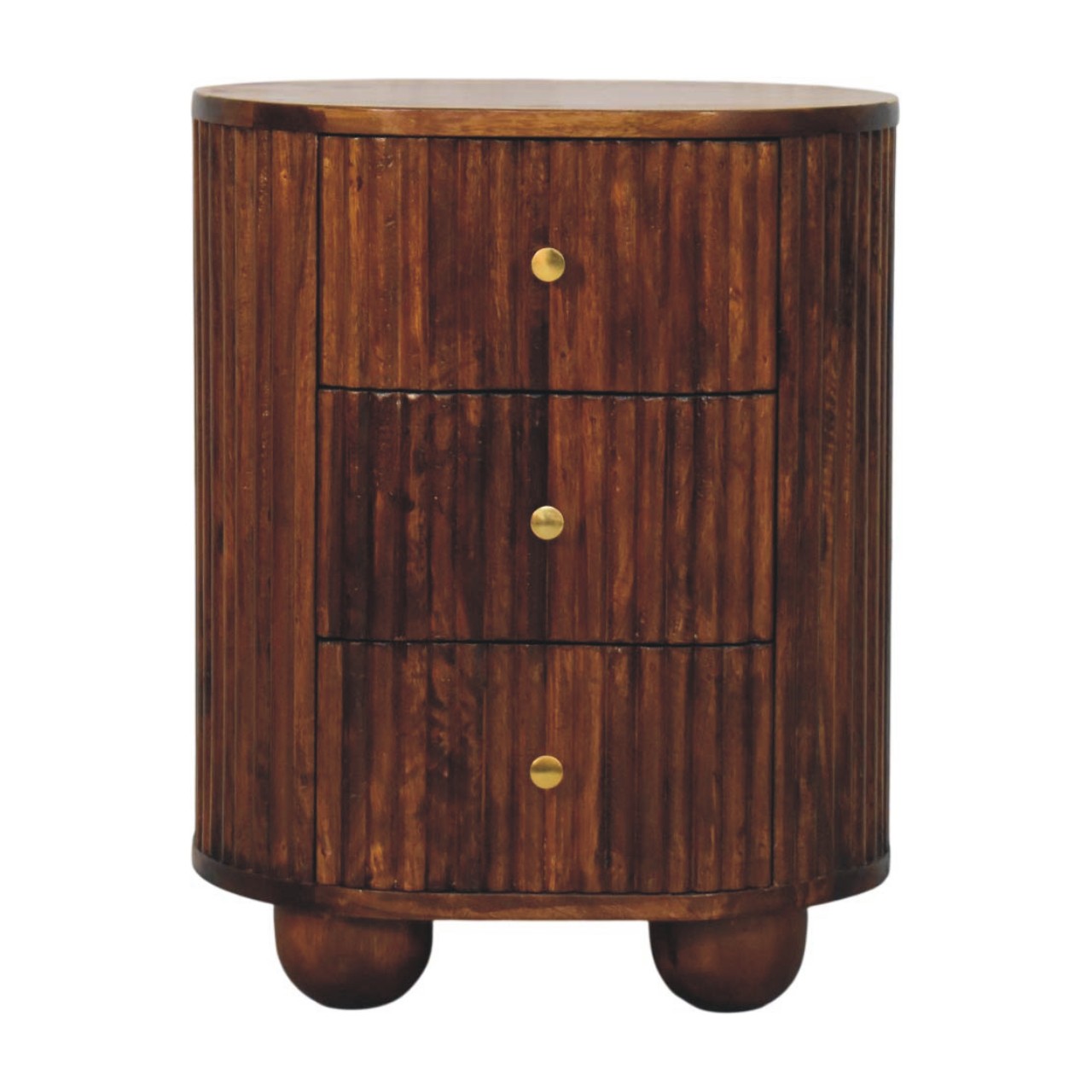 Solid Mango Wood Chestnut Finished Curved Fluted Bedside Chest